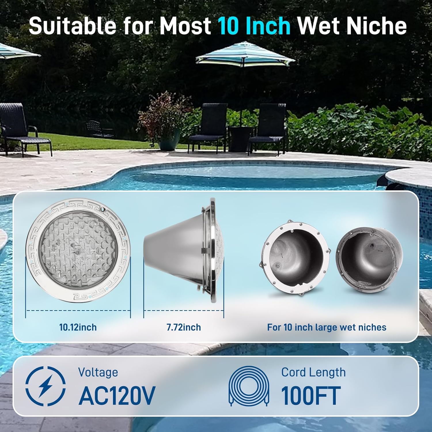 CAtArt 10 Inch Pool Light for Inground Pool (White), AC120V LED Pool Lights Suitable for 10 Inch Wet Niche, 35W, 100 Foot Cord