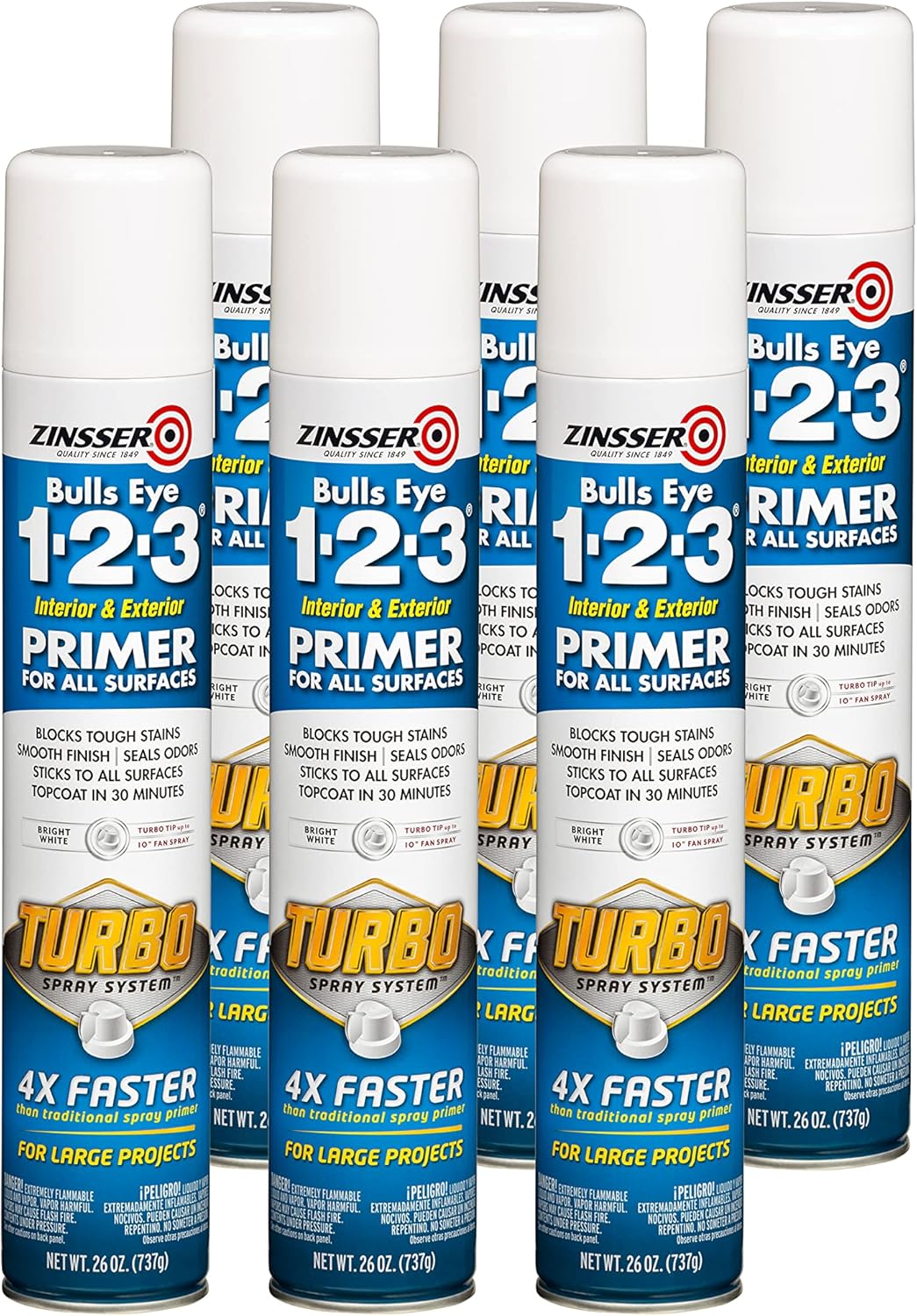 Zinsser 343746-6PK Bulls Eye 1-2-3 Turbo Primer Spray, 26 oz, White, 6 Pack