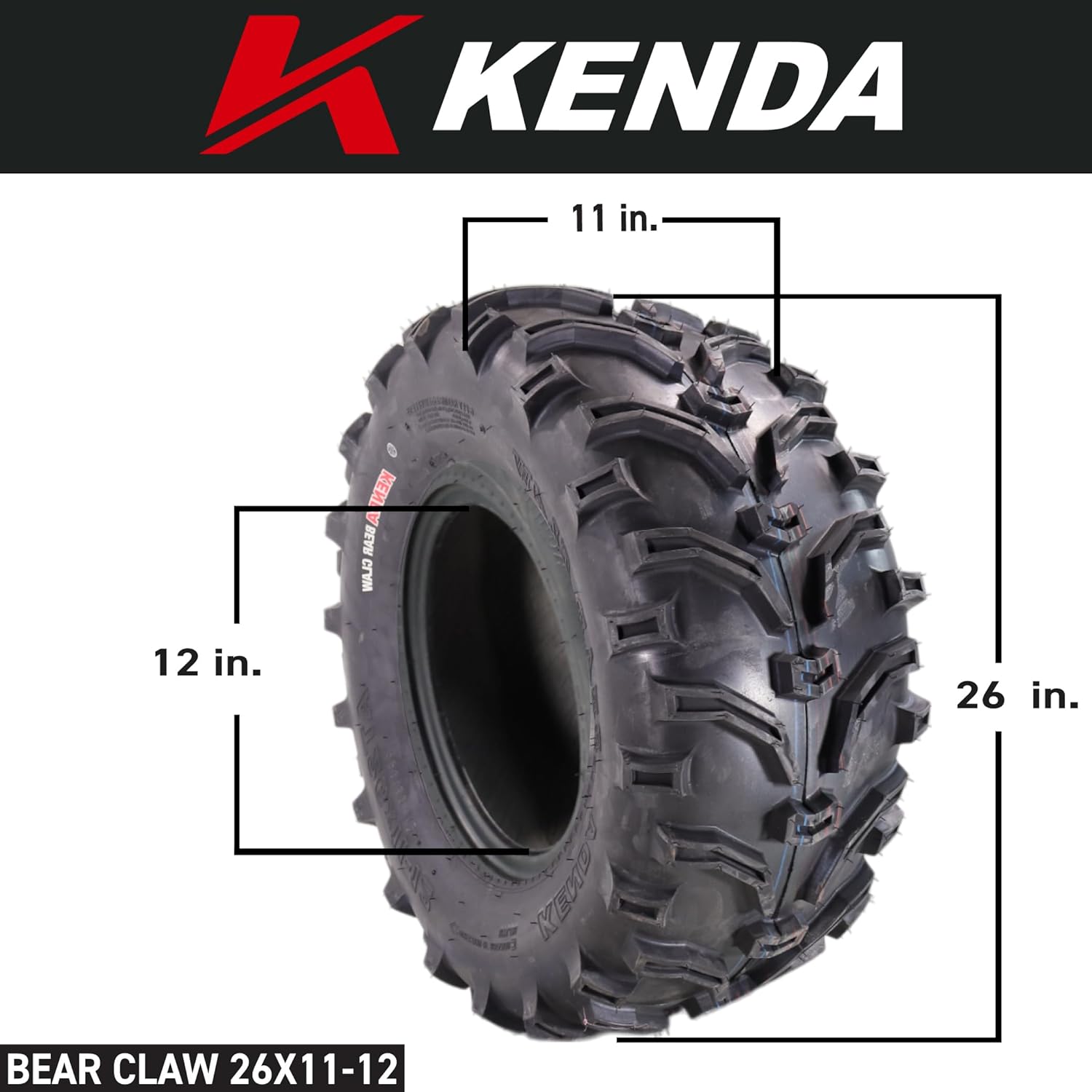 Kenda Bearclaw K299-26x11-12 Rear Tire for All Terrain (ATV), UTV, and Side by Side (SxS) Vehicles - 6-Ply - Bear Claw 26x11x12 with Kenda Keychain