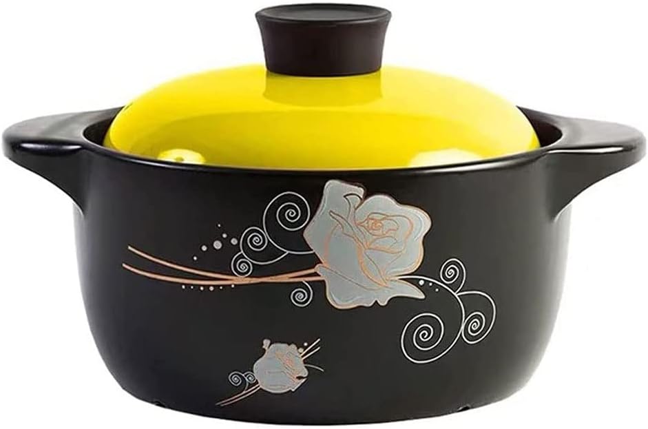 3L Flowers Pattern Ceramic Round Black Dish Casserole/Clay Pot/Earthen Pot/Ceramic Cookware With Lid Heat-Resistant (Color :) (Yellow)