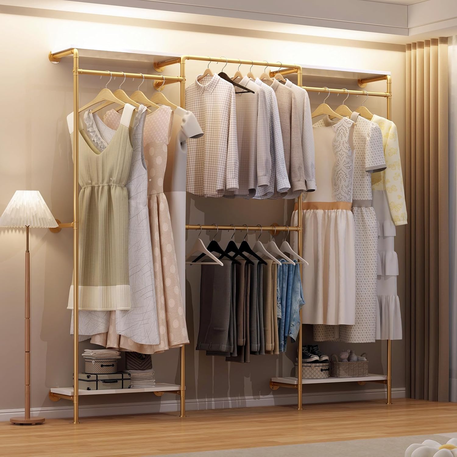 Industrial Pipe Clothing Racks with 4 Shelves, Wall Mounted Gold Clothes Rack for Hanging Clothes, Gold Wall Clothing Rack, Heavy Duty Clothes Rack for Walk in Closet, Laundry Room