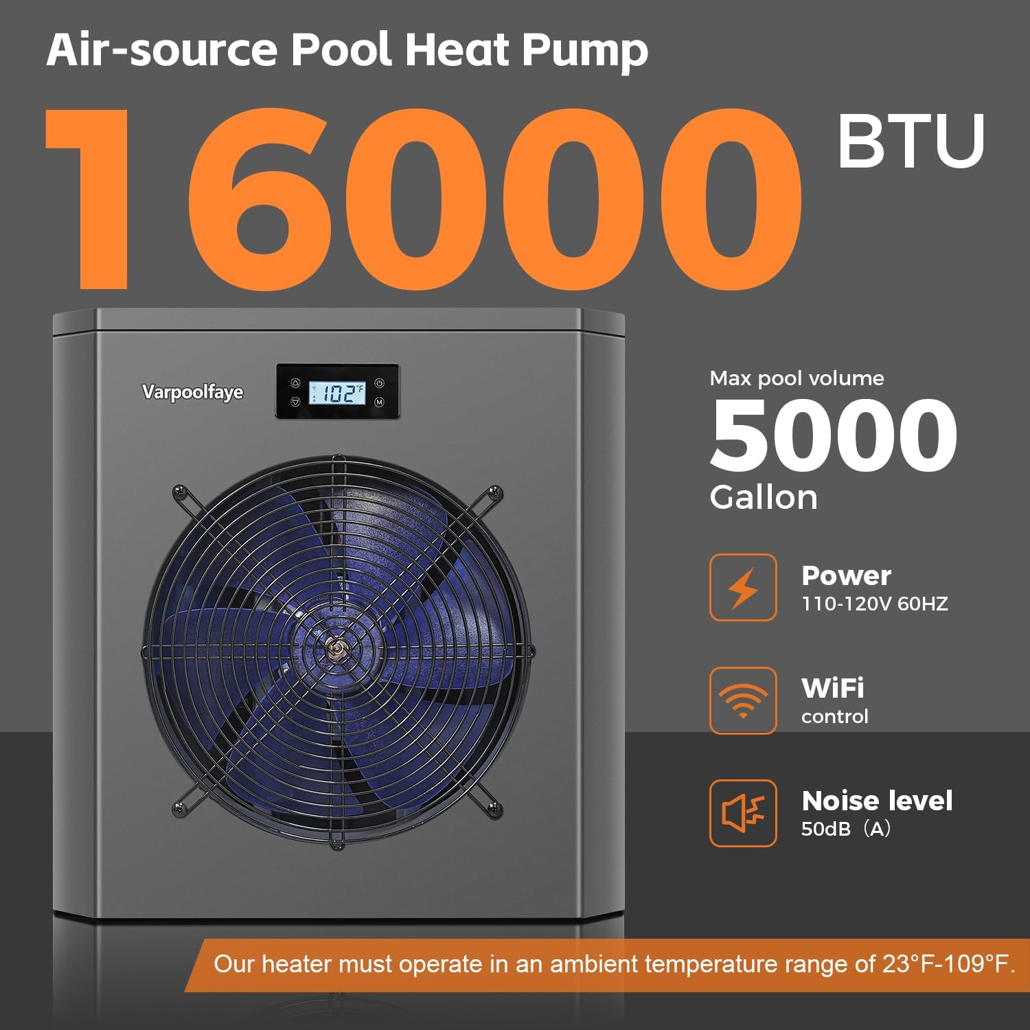 Electric Pool Heater Pump 5000 Gallon 120v Pool Heaters for Above Ground Pools 16000 BTU Swimming Pool Heat Pump WiFi Control Heat Or Cool Spa Heater Pump