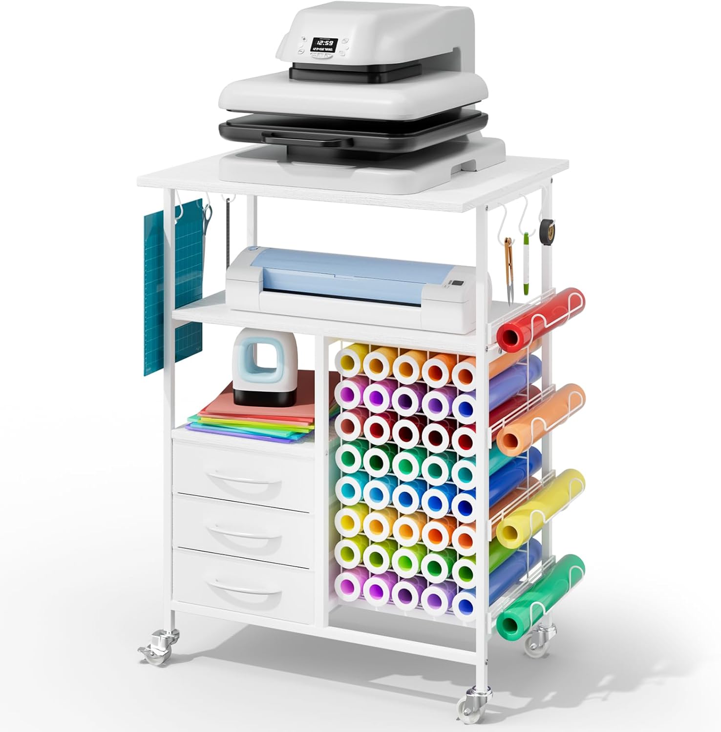 Movable Heat Press Table - 6-Tier Heat Press Stand with Drawers and Vinyl Roll Holder, Craft Cabinet Table Compatible for Cricut Craft Cutting Machine Stand Workstation (White)