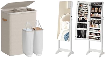 SONGMICS Laundry Basket, Jewelry Cabinet Armoire with 2 Plastic Cosmetic Storage, ULCB813L01 and UJJC002W01