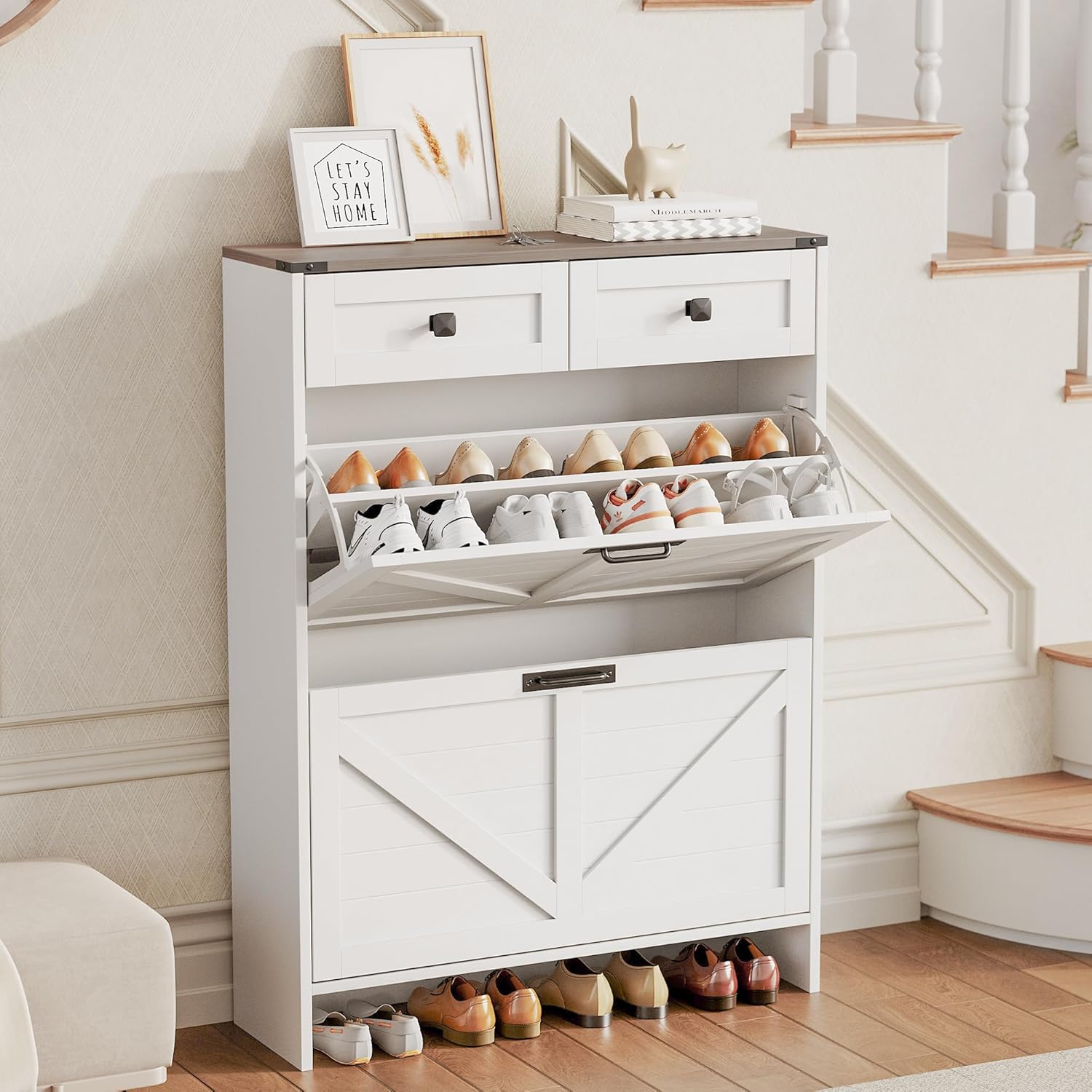 GarveeHome Shoe Cabinet for Entryway with 2 Flip Drawers,Tall Narrow Shoe Storage Cabinet, Freestanding Shoe Organizer Rack for Front Door Entrance, White