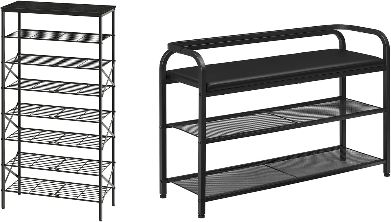 8 Tier Shoe Rack, Large Capacity Shoe Storage Organizer Holds 32 Pairs, Shoe Bench with Backrest, SS08BB-HX14BB