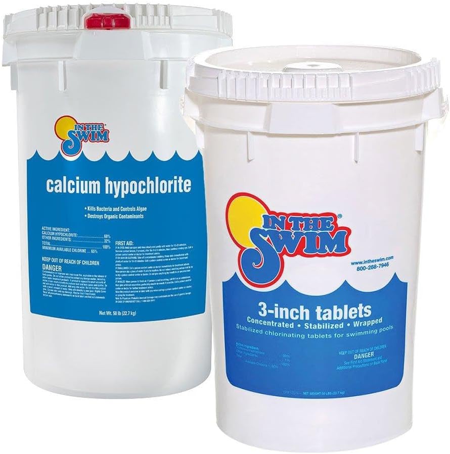 In The Swim Chlorine and Shock Bundle for Sanitizing Swimming Pools – Includes 50 Pound Bucket of 3 Inch Stabilized Chlorine Tablets and 50 Pound Bucket of 68% Cal-Hypo Pool Shock