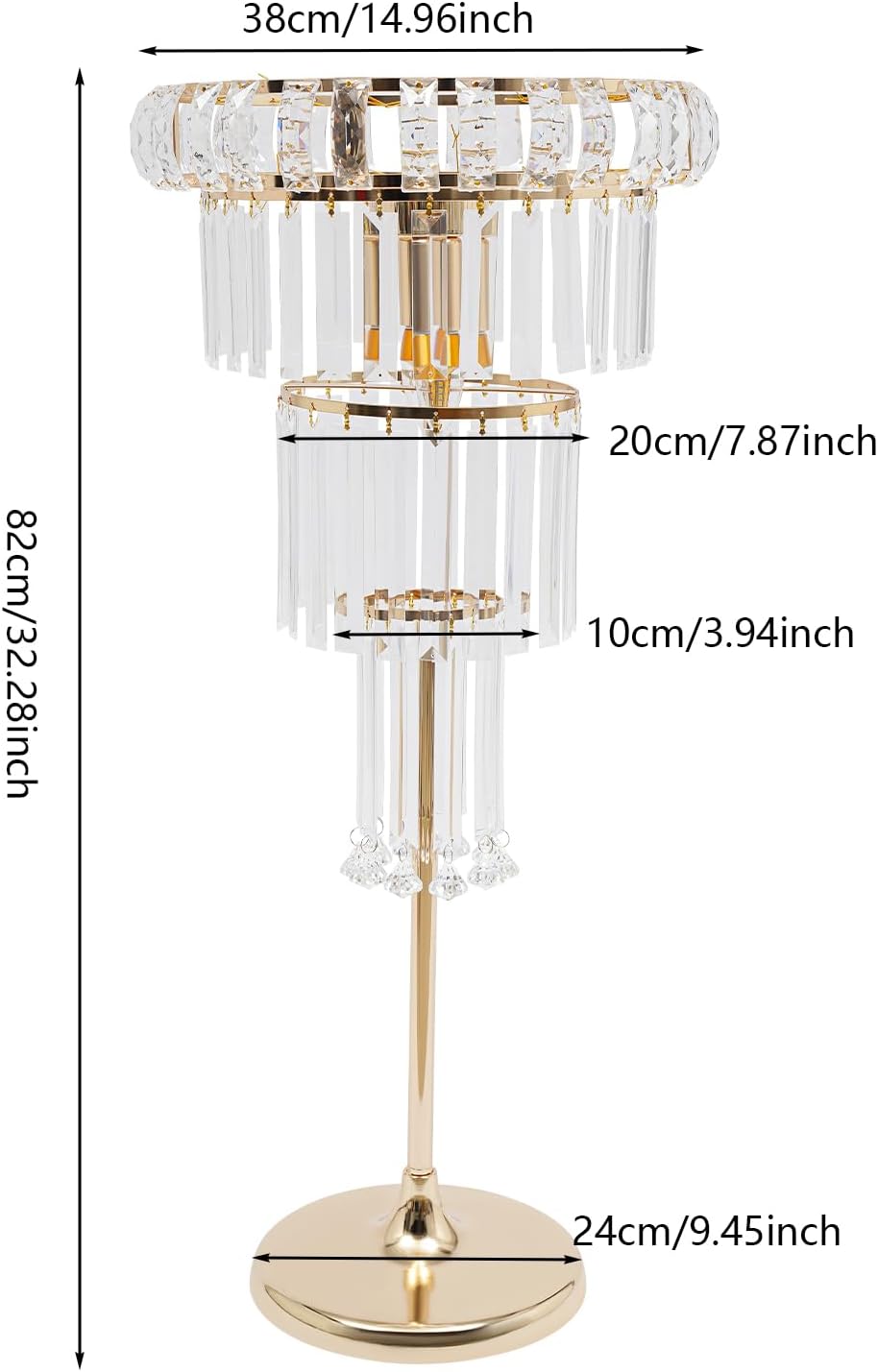 2PCS 4Tier Wedding Centerpieces Crystal Vases, 32.3in Acrylic Flower Stand with Hanging Crystals，Round Chandelier Pedestal Stand for Party Table Decoration Lawn Hotel (Gold,w/Lamp)
