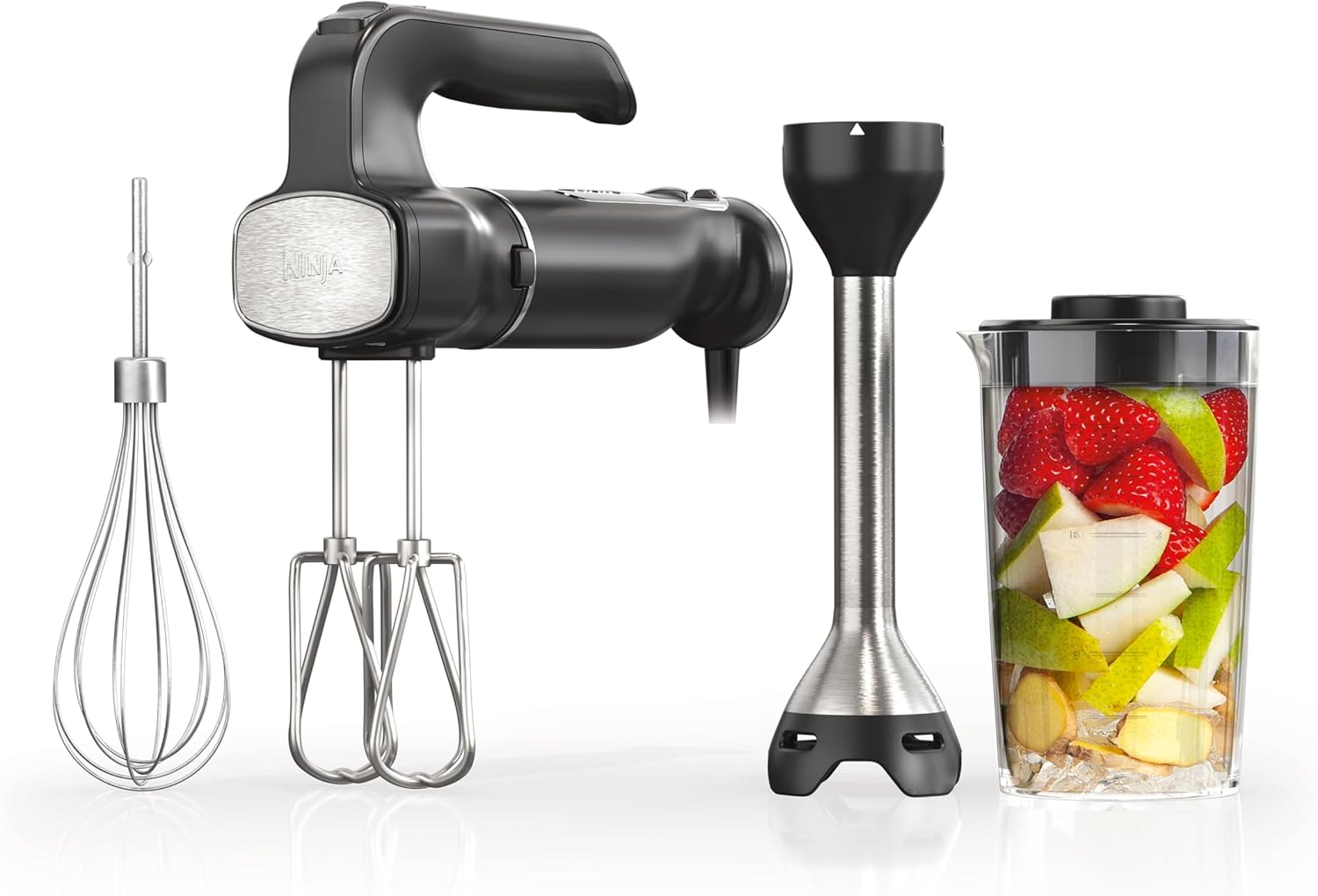 Ninja CI105BRN Foodi Power Mixer System, 750-Peak-Watt Immersion Blender and Hand Mixer, EasyGlide Beaters, Dough Hooks, 3-Cup Blending Vessel, Sea Salt Gray