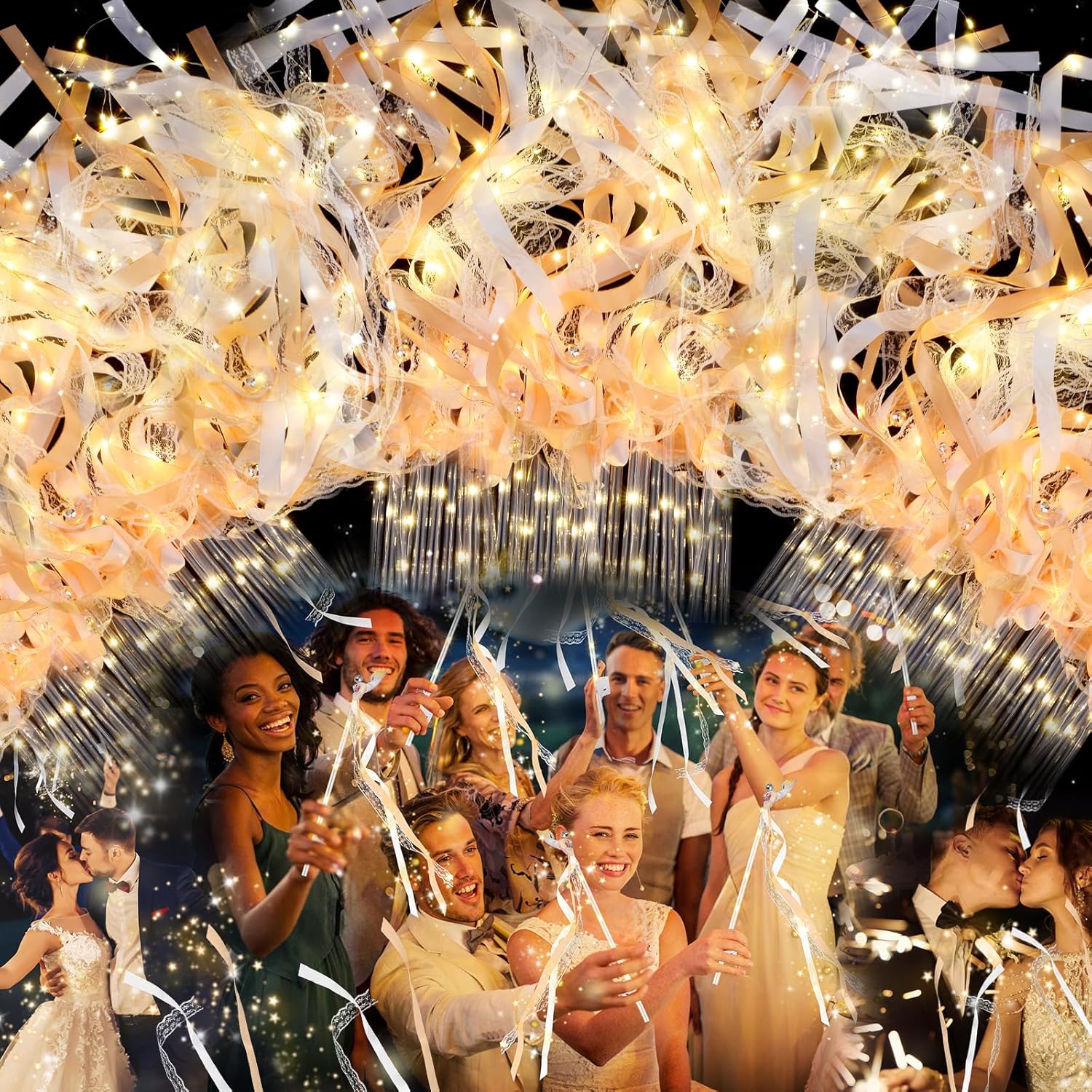 100 PCS Wedding Wands with Lights,Fairy Wands, LED Silk Fairy Wand with Bells for Wedding Send Off, New Year, Raves, Concert, Birthday