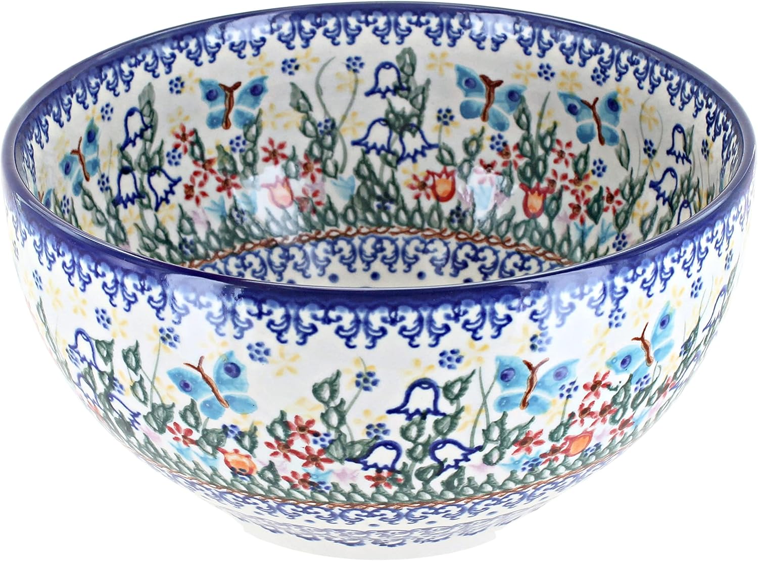 Blue Rose Polish Pottery - Blue Garden of Eden Medium Mixing Bowl - 6 Cup Capacity - Polish Pottery Ceramic Bowl for Baking, Mixing & Serving
