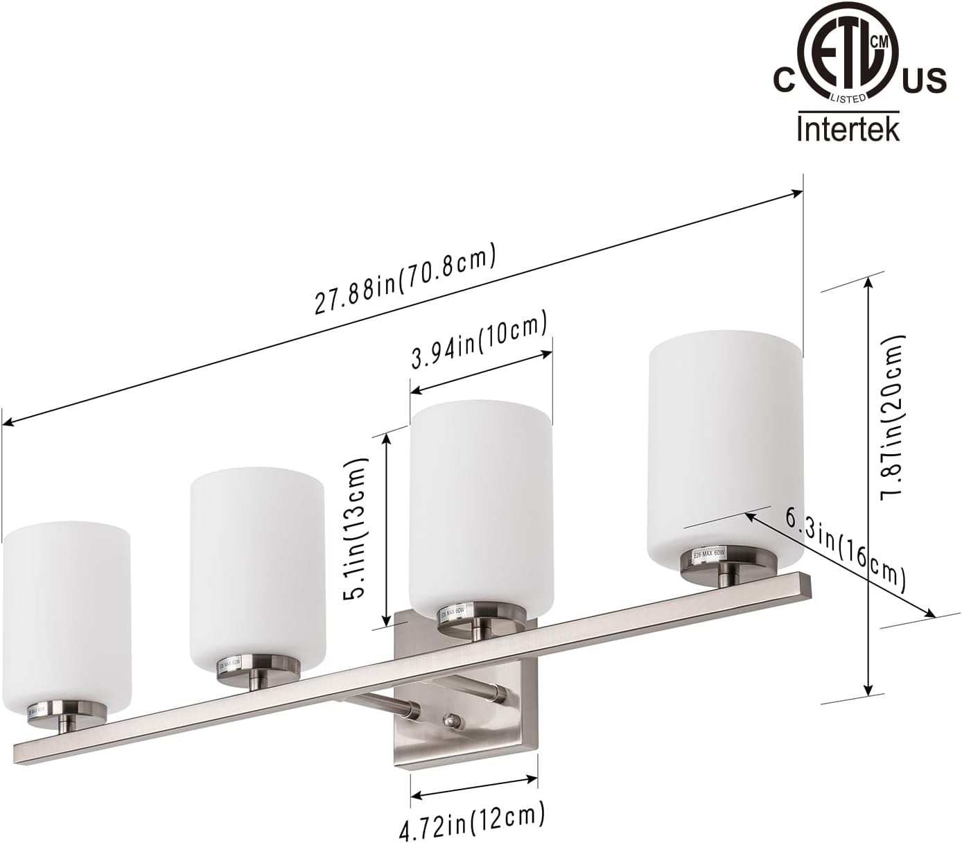 mirrea 28in 4-Light Modern Bathroom Vanity Light with Etched White Glass Shades Brushed Nickel Finished Light Fixture