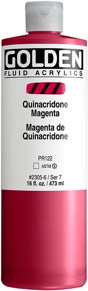 Fluid Acrylics by GOLDEN, Quinacridone Magenta, 16 fl. oz. Bottle, Professional Acrylic Paint, Transparent