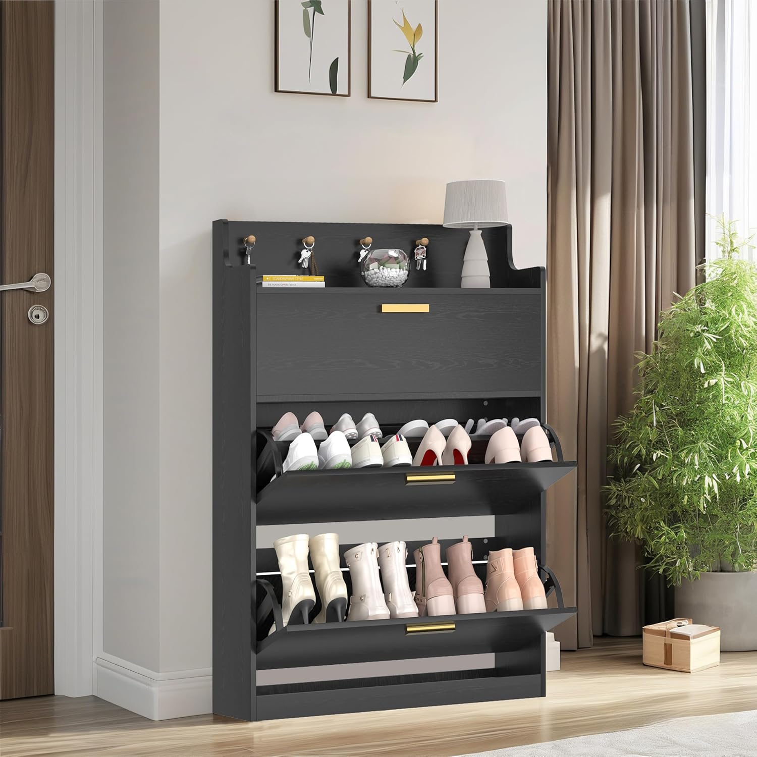 VECELO Shoe Cabinet with 2 Flip Drawers for Entryway, Freestanding Narrow Hidden Storage Organizer with Hooks and Raised Edge, for Hallway Living Room, Black