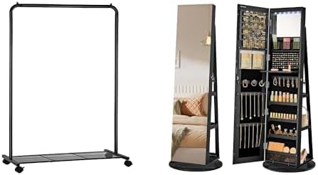 SONGMICS Clothes Rack with Wheels, 6 LEDs Lockable Mirror Jewelry Cabinet, UHSR25BK and UJJC007B01