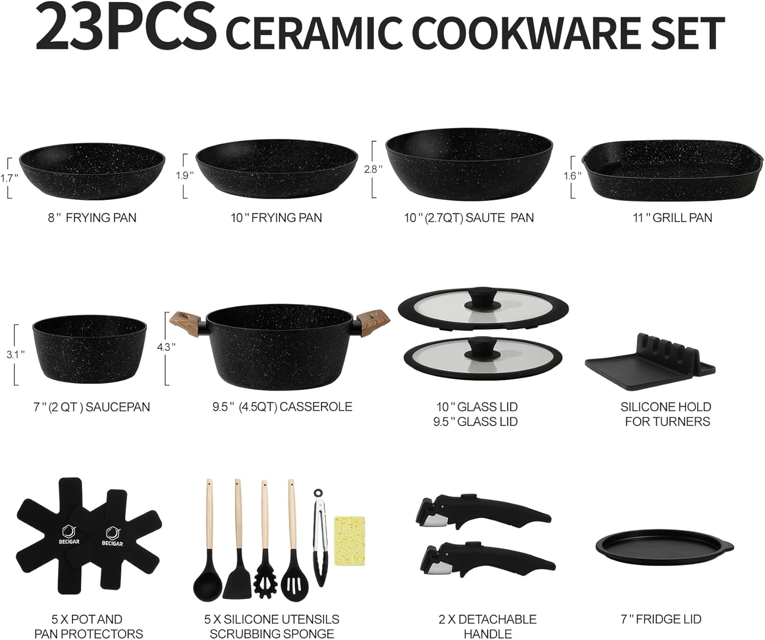 23pcs Ceramic Pots and Pans Set, Nonstick Detachable Handle Cookware, Induction Kitchen Cooking Set with Removable Handle,include Frying Pans & Saucepans Oven Safe (Black)