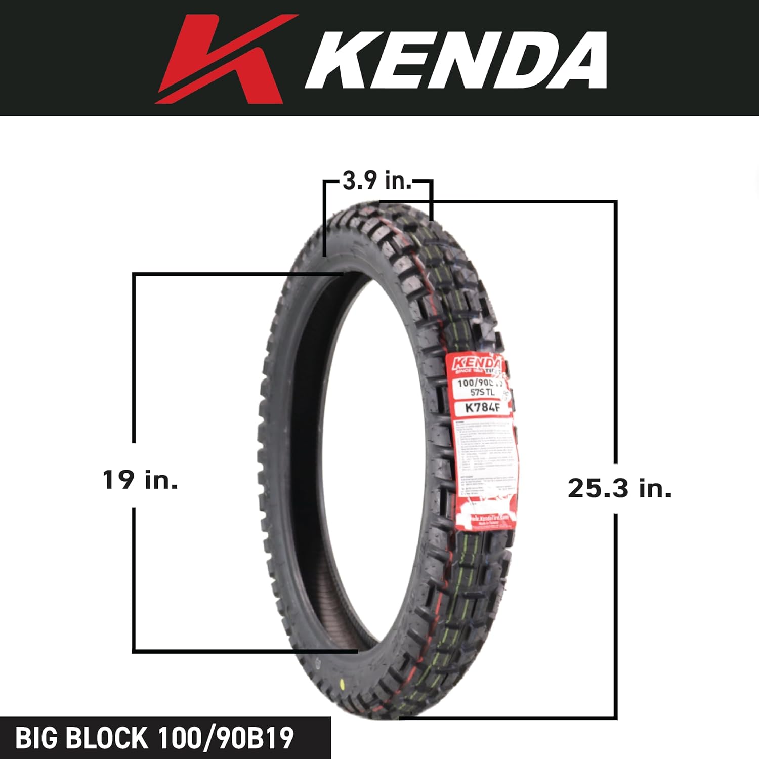 Kenda Big Block K784 100/90B19 Front Tire for Motorcycles, Dirt Bikes, and City Bikes - Durable Off-Road & Street Performance with Keychain 100x90x19