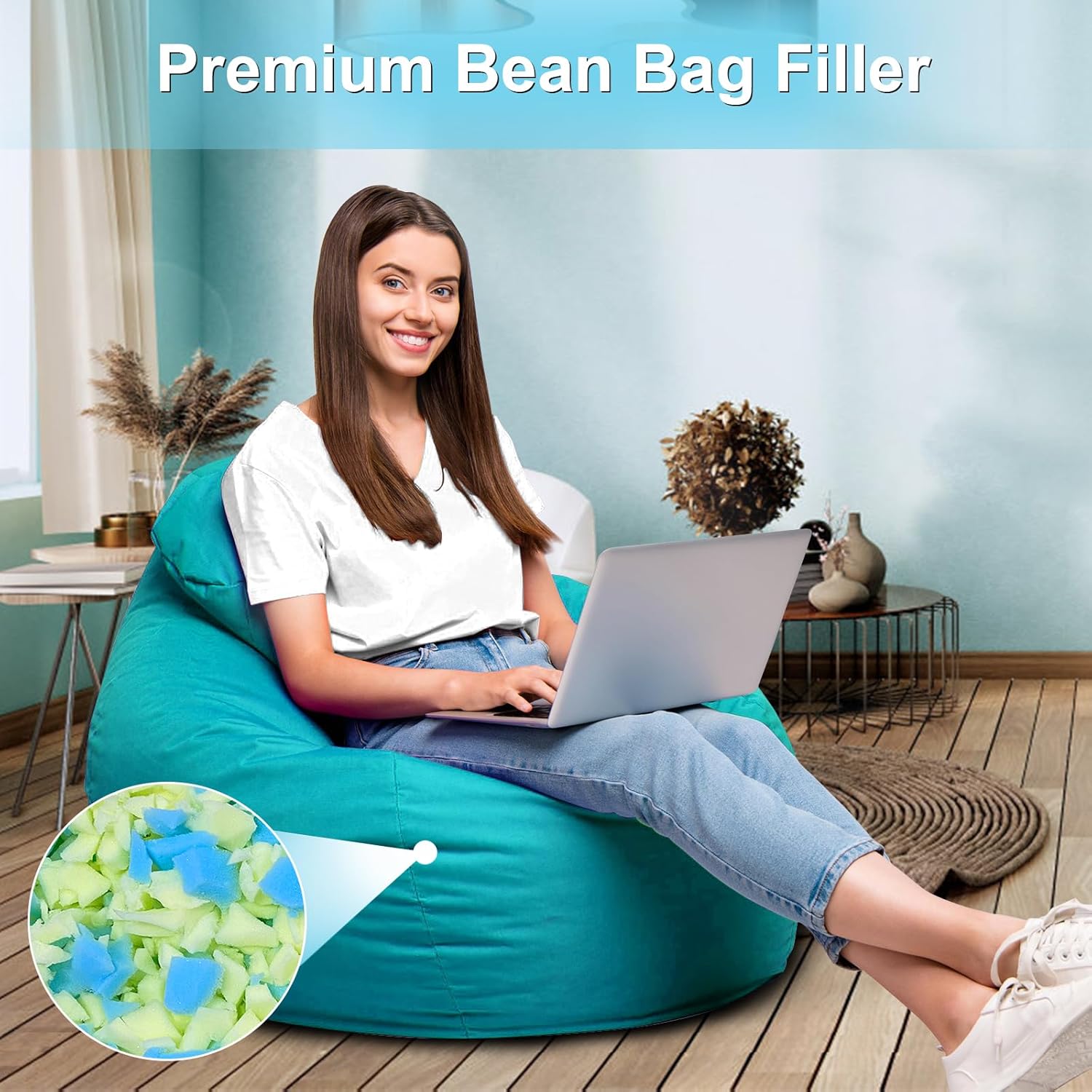 20LBS Bean Bag Filler – Shredded Memory Foam Refill with Cooling Gel, Soft & High Resilience Foam Filling for Bean Bag Chair, Couch Cushion, Pillow, Dog Bed & DIY Crafts