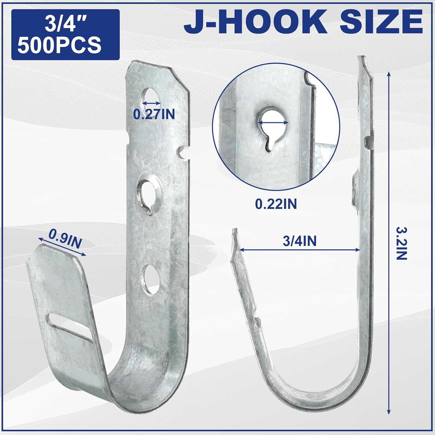 Gisafai 500 Pcs Cable Support J-Hook, 3/4 Inch Metal Garage Hooks for Hanging, Heavy Duty Network for Cable and Wire Management Wall Attaching J Utility, G60 Galvanized Steel, Silver