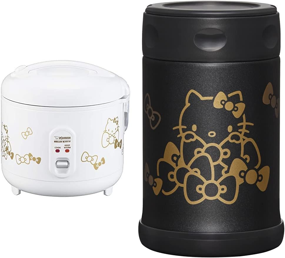 Zojirushi NS-RPC10KTWA Automatic Rice Cooker & Warmer, 5.5-Cup, White & SW-EAE50KTBA Stainless Steel Food Jar, 17-Ounce, Hello Kitty Collection Black