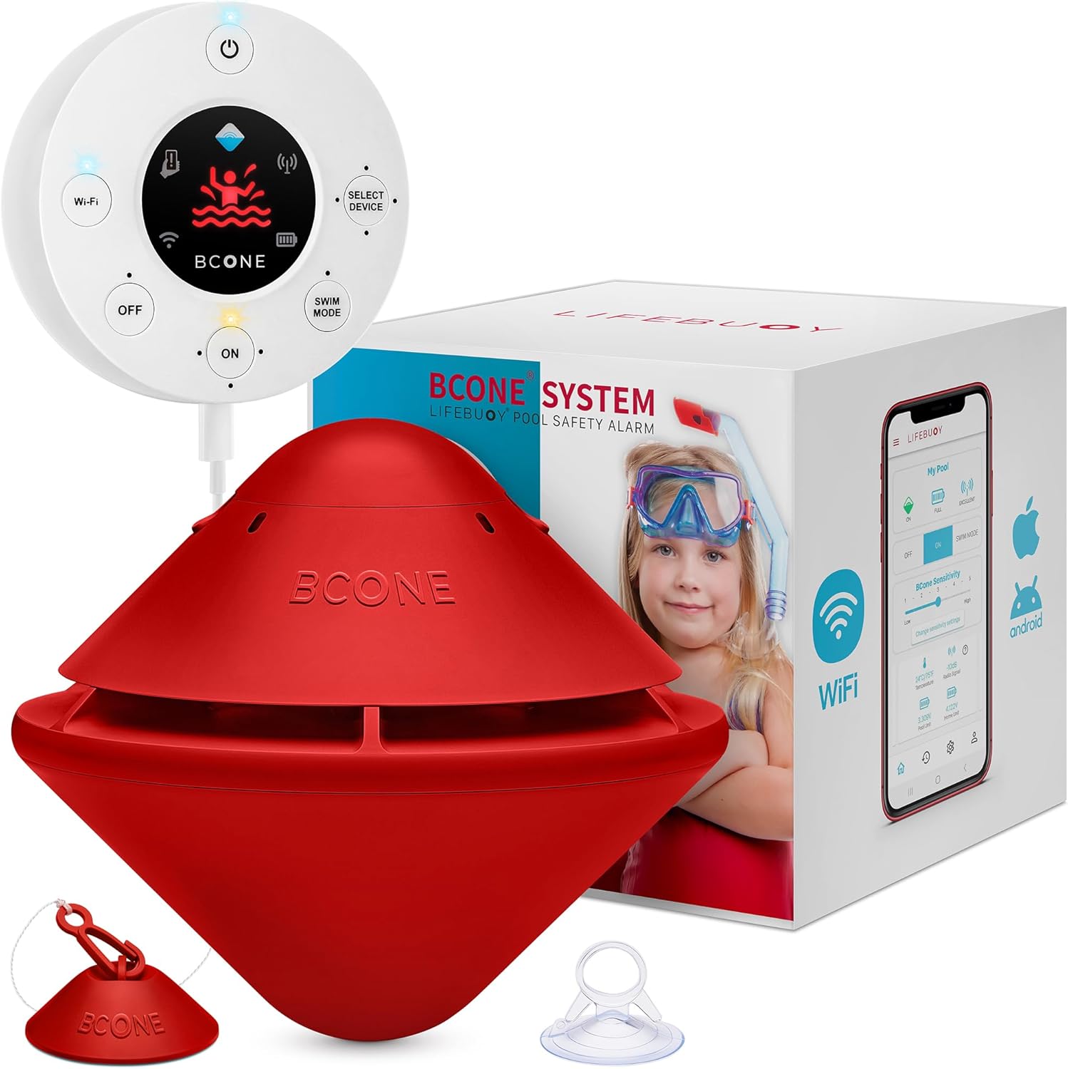 BCONE® Pool Alarm by Lifebuoy® | ASTM F2208 Certified | Floating Safety Device with App Alerts + Alexa Voice Control | 2.4GHz Wi-Fi | for Inground & Above-Ground Pools