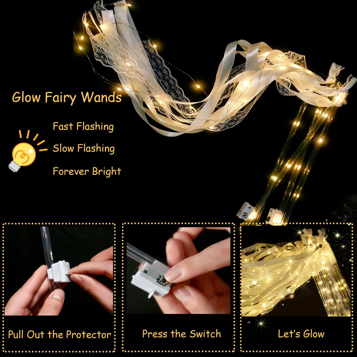 100pcs Light Up Wands for Wedding Send Off Ideas Streamers Fairy Ribbon White Glow Sticks with Bells for Reception Sparklers Led Lights Dark Birthday Party Church Exit Prop Recessional