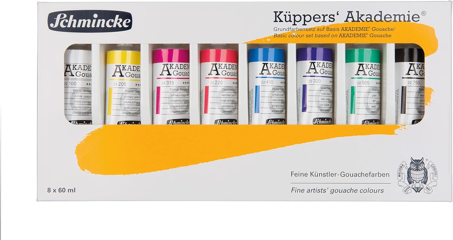 Schmincke - Küppers Gouache, basic color set, 8 x 2,03 fl oz / 60 ml tubes, 72 010 097, 8 colors in cardboard box set, highly opaque, selected pigments, color theory