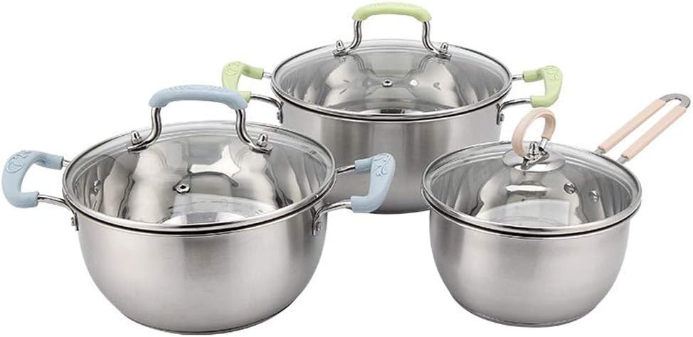 Cookware Set Kitchen Stainless Steel Soup Pot Saucepan Induction Safe Thickened with Glass Lid 3 PCS/Set