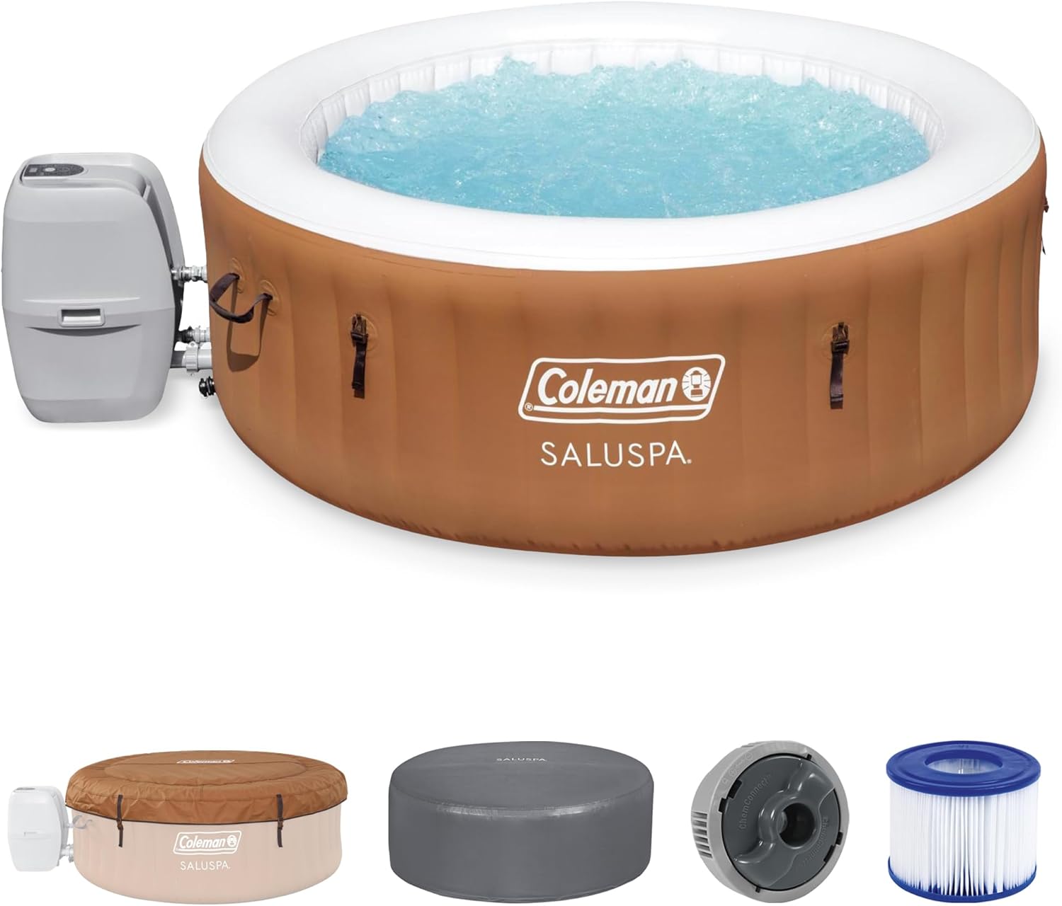 Coleman Ponderosa AirJet 2 to 4 Person Inflatable Hot Tub Round Portable Outdoor Spa w/ 120 AirJets & EnergySense Energy Saving Cover, Orange