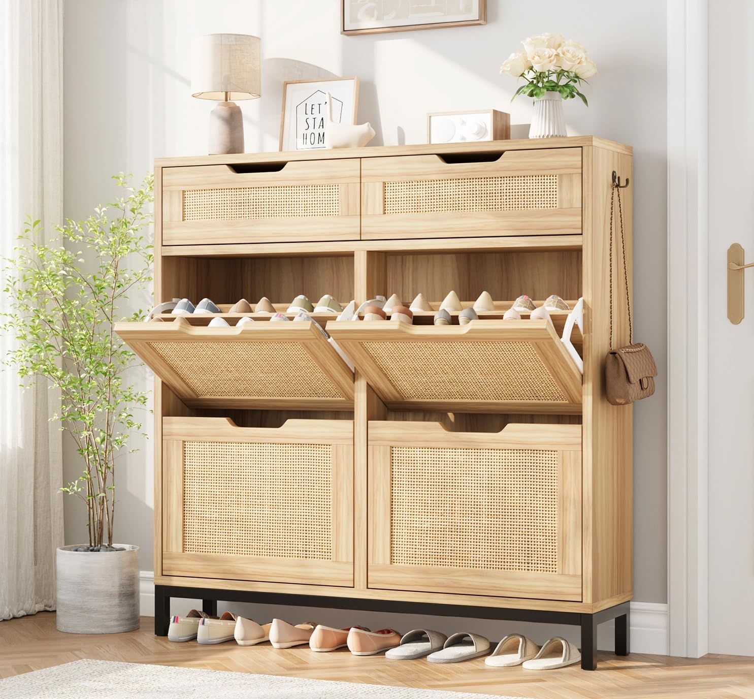 Rattan Shoe Cabinet Storage for Entryway, Narrow Wood Shoe Cabinet with 2 Top Drawers & 4 Flip Drawers, Freestanding Hidden Shoe Organizer with Metal Legs, Oak