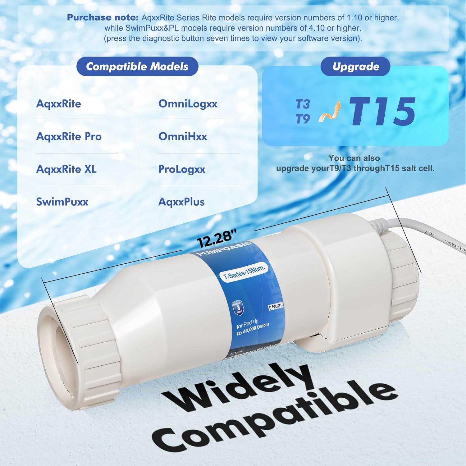 Salt Cell T Series 15 Replacement Compatible with Hayward T15/T9/T3 Cell,AqxxRite Series,SwimPxxx,ProLogxx, AqxxPlus,Chlorinator Up to 40,000 Gallon Pools,3-Year Warrnaty,Newly Upgraded
