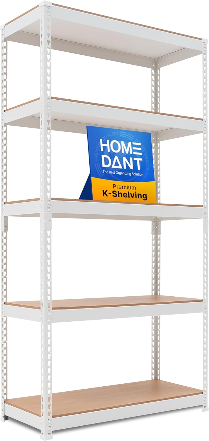 HOMEDANT 5 Tier White Storage Shelves Adjustable Laminated Boltless Garage Metal Shelving Unit Heavy Duty Utility Rack Shelf Warehouse Pantry Closet Kitchen 35.9