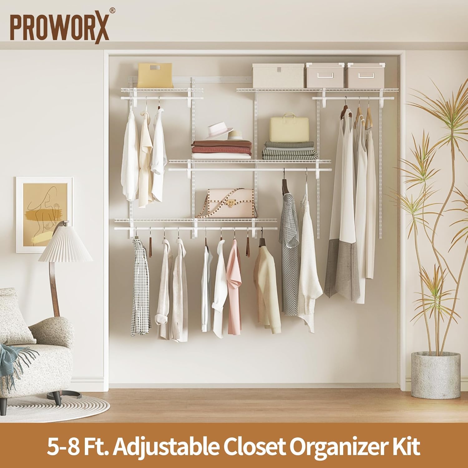 5-8 Ft Closet Organizer System, White Adjustable Custom Metal Wire Shelving Wall Mounted, Expandable Organization and Storage Shelf Kit with Hanging Rods
