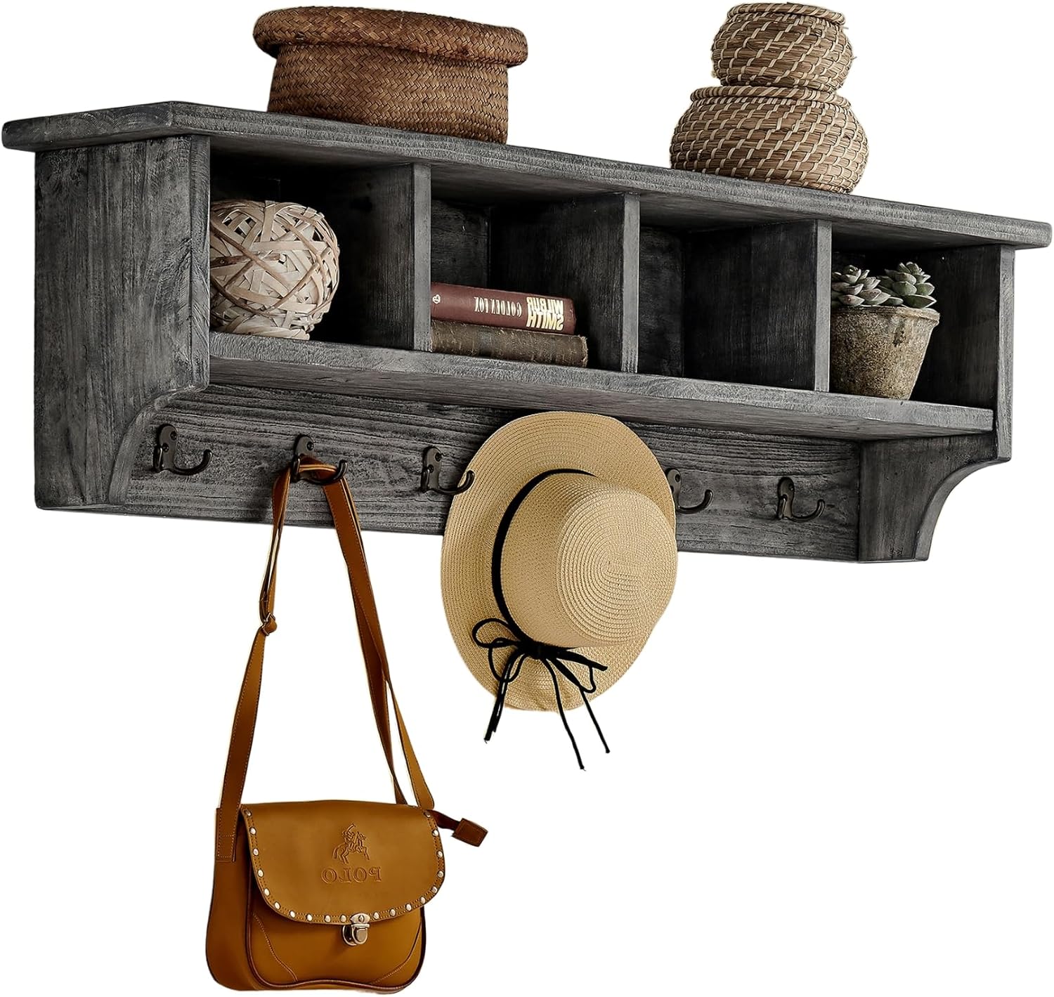 Pomona 48-Inch Wall-Mounted Coat Rack – Solid Wood & Metal Modern Entryway Organizer with 6 Heavy-Duty Hooks and 4 Open Cubbies for Mudroom, Hallway, Apartment, or Office Storage by Alaterre Furniture