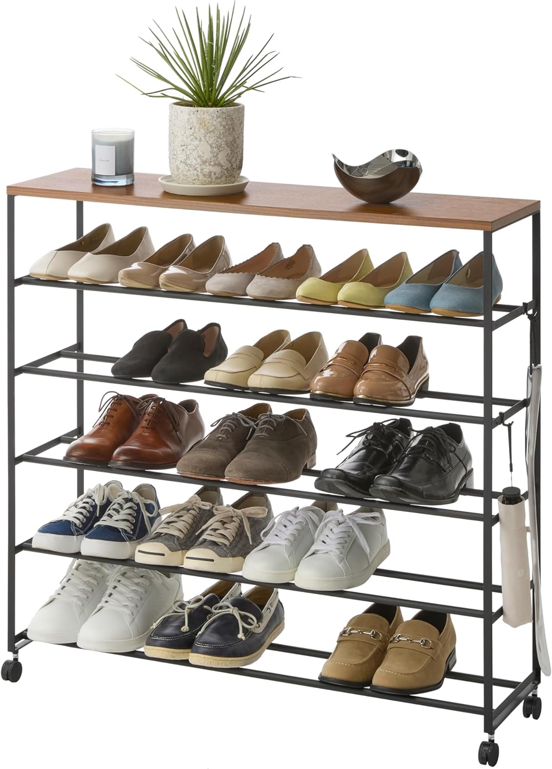 Yamazaki Home Tower Rolling Five-Tier Shoe Rack, Steel Frame with Wooden Top, Space-Saving Shoe Organizer On Wheels, 34