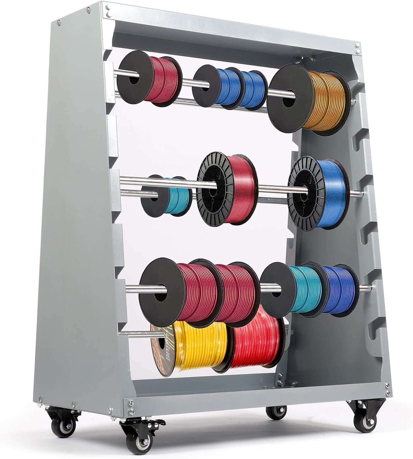 Wire Spool Rack,Electrical Wire Assortment with Wheel,Automotive Wiring Storage,Heavy Duty 6 Rods Wire/Cable Dispenser for Electrical Industrial & Retail Use,300lbs Capacity,Gray
