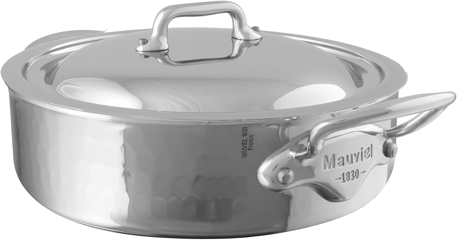 Mauviel M'Elite 5-Ply Hammered Polished Stainless Steel Rondeau With Curved Lid, And Cast Stainless Steel Handles, 6-qt, Made in France
