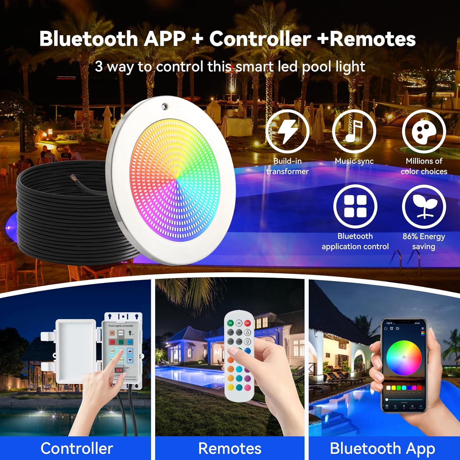 54W LED Pool Light for Inground Pools, 10 Inch, 100FT Cord, 12V, Waterproof 2-in-1 Controller & Transformer, 316 Stainless Steel, Remote & Manual Control, Suitable for Most 10 Inch Wet Niches