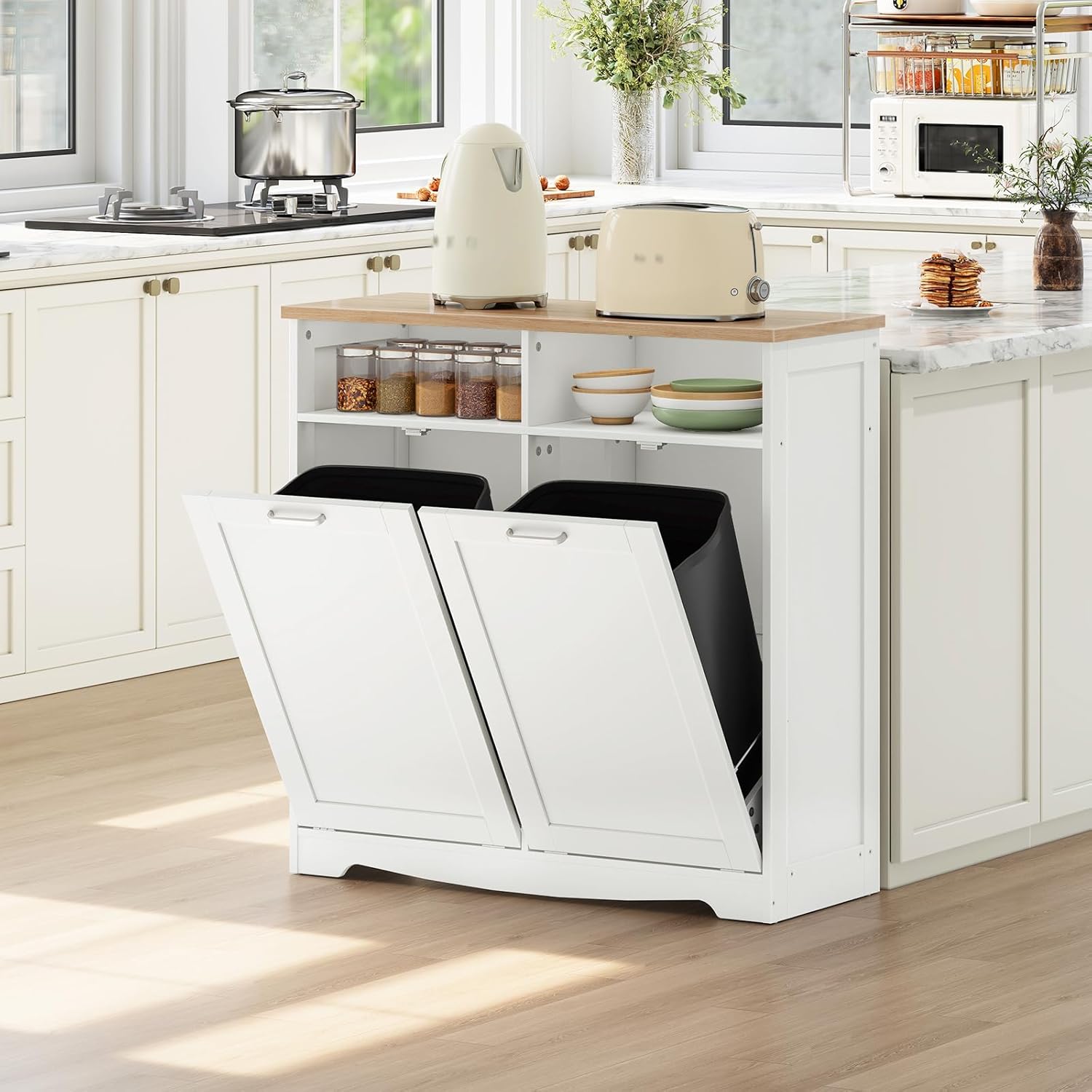 HOOBRO Double Tilt Out Trash Can Cabinet, 20 Gallon Kitchen Trash Bin Cabinet, Hidden Trash Storage with Open Compartments, Hidden Laundry Hamper, for Kitchen, Laundry, White and Natural WN04LJ01