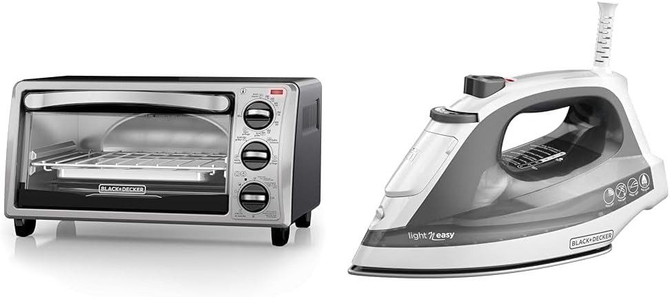 BLACK+DECKER 4-Slice Toaster Oven, TO1313SBD, Even Toast, 4 Cooking Functions Bake, Broil, Toast & Light ‘N Easy Compact Steam Iron, IR1020S, Stainless Steel Soleplate, Spray Mist