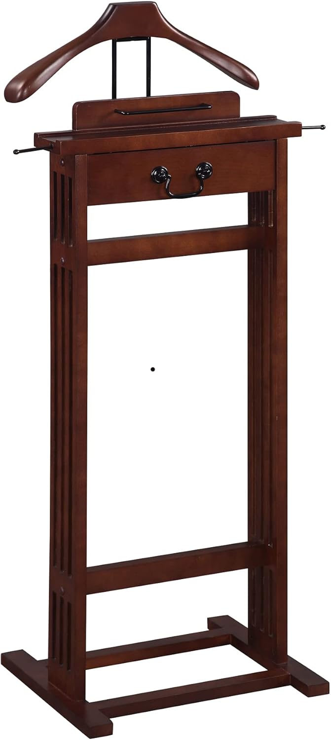 Proman Products Mission Wardrobe Wood Valet Stand with Drawer, Contour Hanger, Trouser Bar, Tie & Belt Hooks and Shoe Rack, Dark Walnut - VL36188
