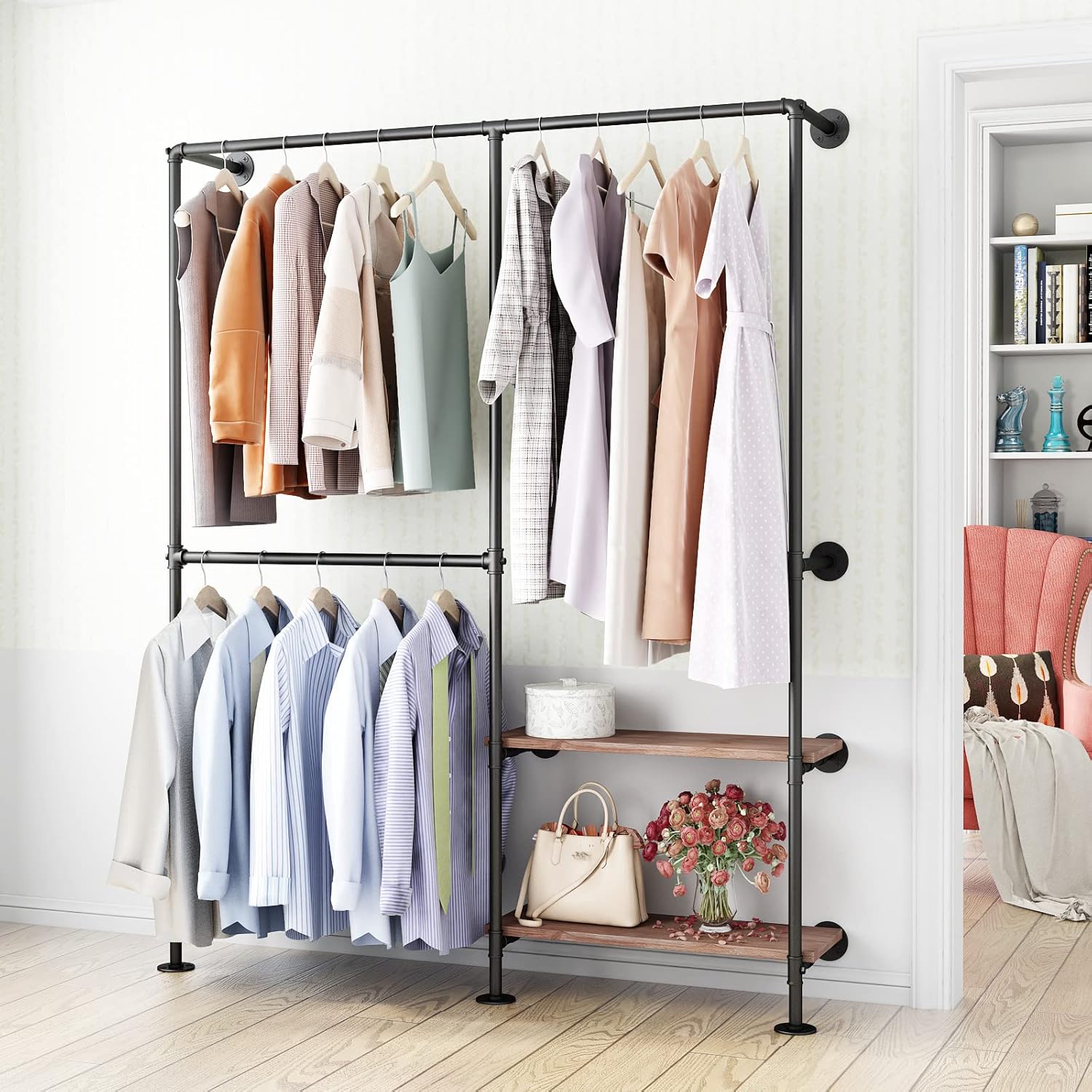 Industrial Pipe Clothes Racks with Black Shelves, Industrial Pipe Black Clothing Rack with Double Hanging Rods, Heavy Duty Wall Mounted Clothing Rack Rod for Closet Storage, Bedroom