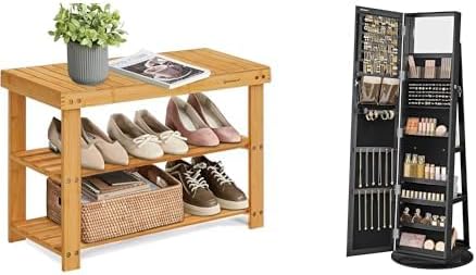 SONGMICS Shoe Rack Bench, 360° Swivel Jewelry Cabinet, ULBS04N and UJJC006B01