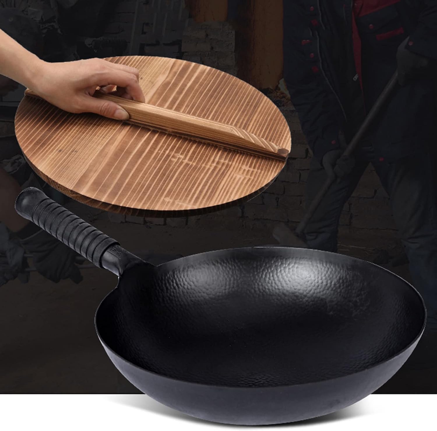 Black Cast Iron Wok Stir Fry Pans, Profession Chinese Hand Hammered Iron Woks with Round Bottom & Handle, No Coating, Less Oil, Non-Stick Pot,34Cm-Black-34cm