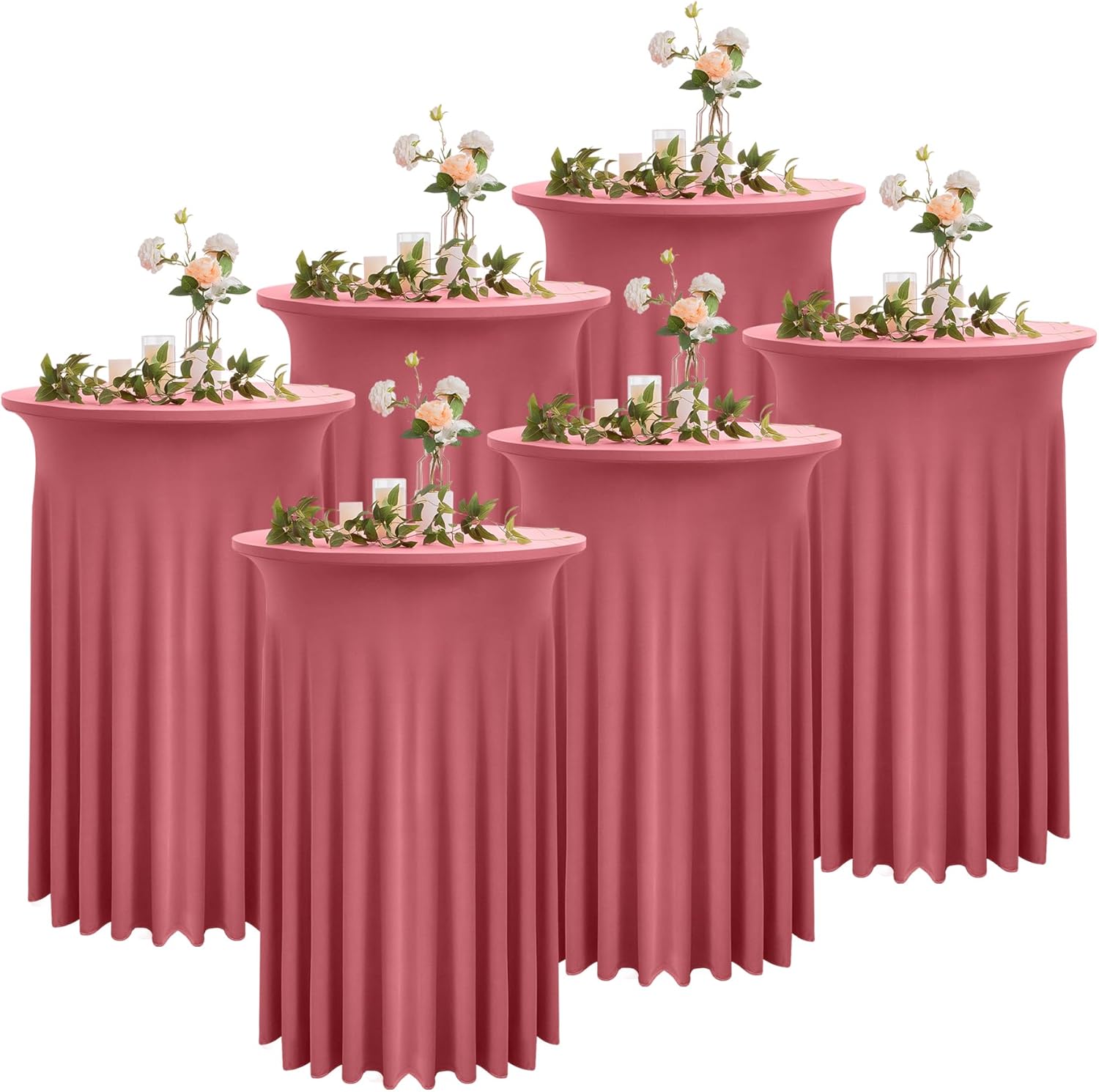 6 Pack Round High Top Cocktail Table Cloth Dusty Rose 32×43 Inch, Wrinkle Free Stretch Spandex Highboy Blush Cocktail Tablecloths Table Cover with Skirt for Party Banquet Birthday Bar