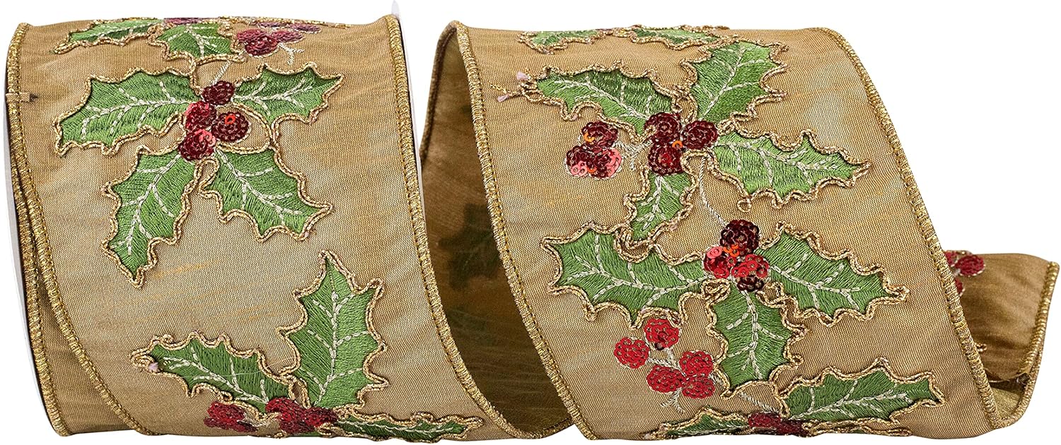 Reliant Ribbon 93886W-974-10D Holly Leaves Sequin Embroidered Dupioni Wired Edge Ribbon, 4 Inch X 5 Yards, Antique Gold