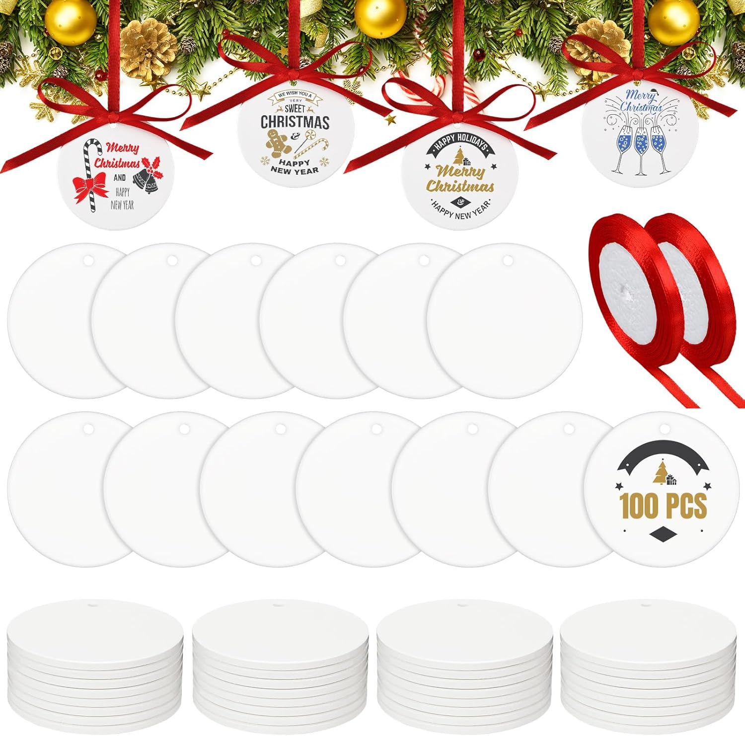 Soaoo 100 Pcs Sublimation Ornament Blanks 3 Inch Round White Ceramic Ornaments DIY Blank Hanging Ornaments Bulk with Red Satin Ribbon for Sublimation Ornaments Bulk Decor