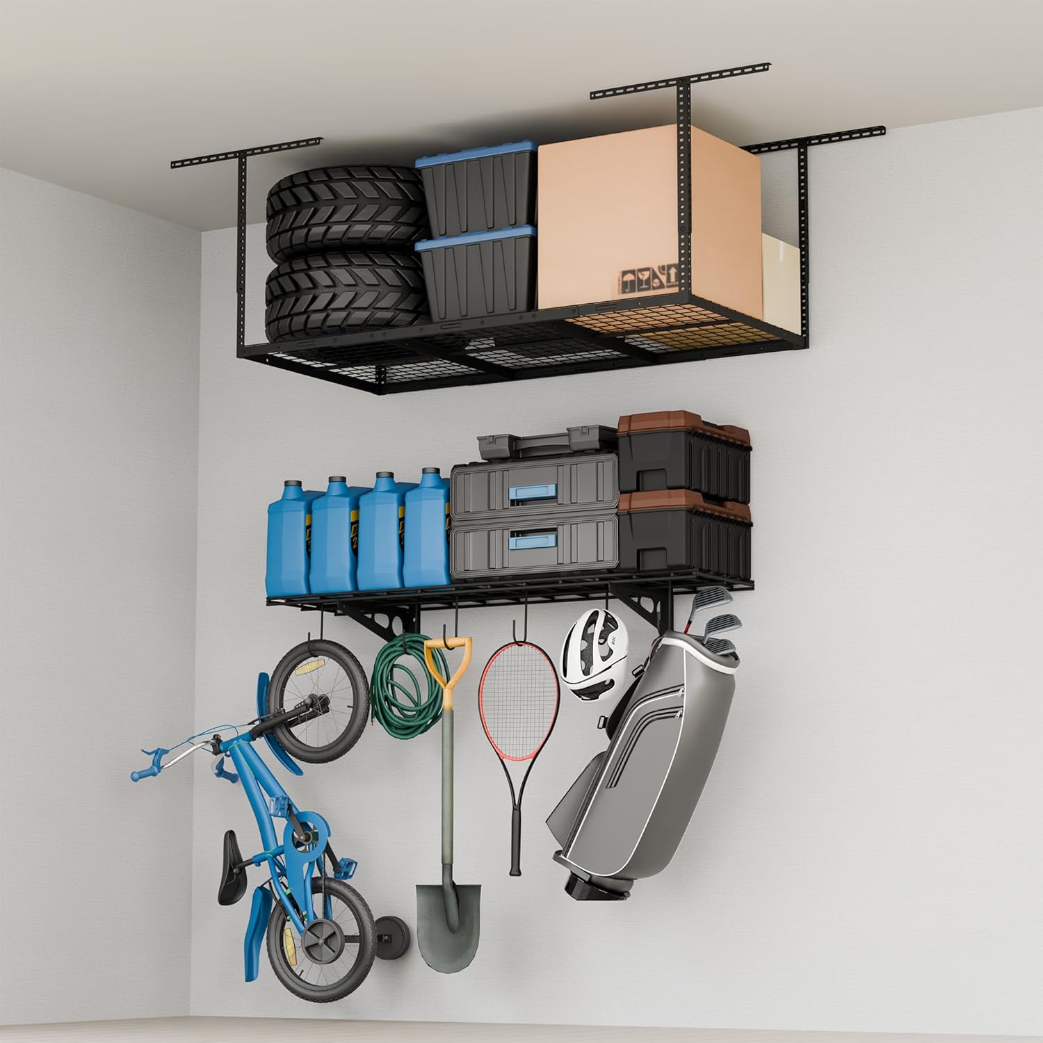 FLEXIMOUNTS Garage Storage Bundle – 1x4ft Wall Shelf with 6 Bike Hooks (150 lbs Capacity) & 3x6 Adjustable Overhead Ceiling Rack (72