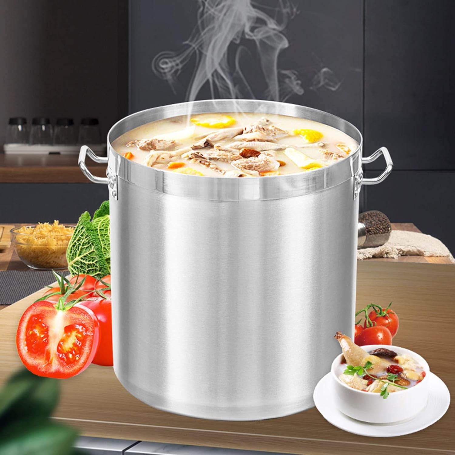 Kitchen tensils Large Stock Kitchen tensils, Stainless Steel Stock Kitchen tensils with Lid, 3 Layer Composite Bottom Deep Soup Boiling Pan, Fast Heat Conduction,25x25cm (45x45cm