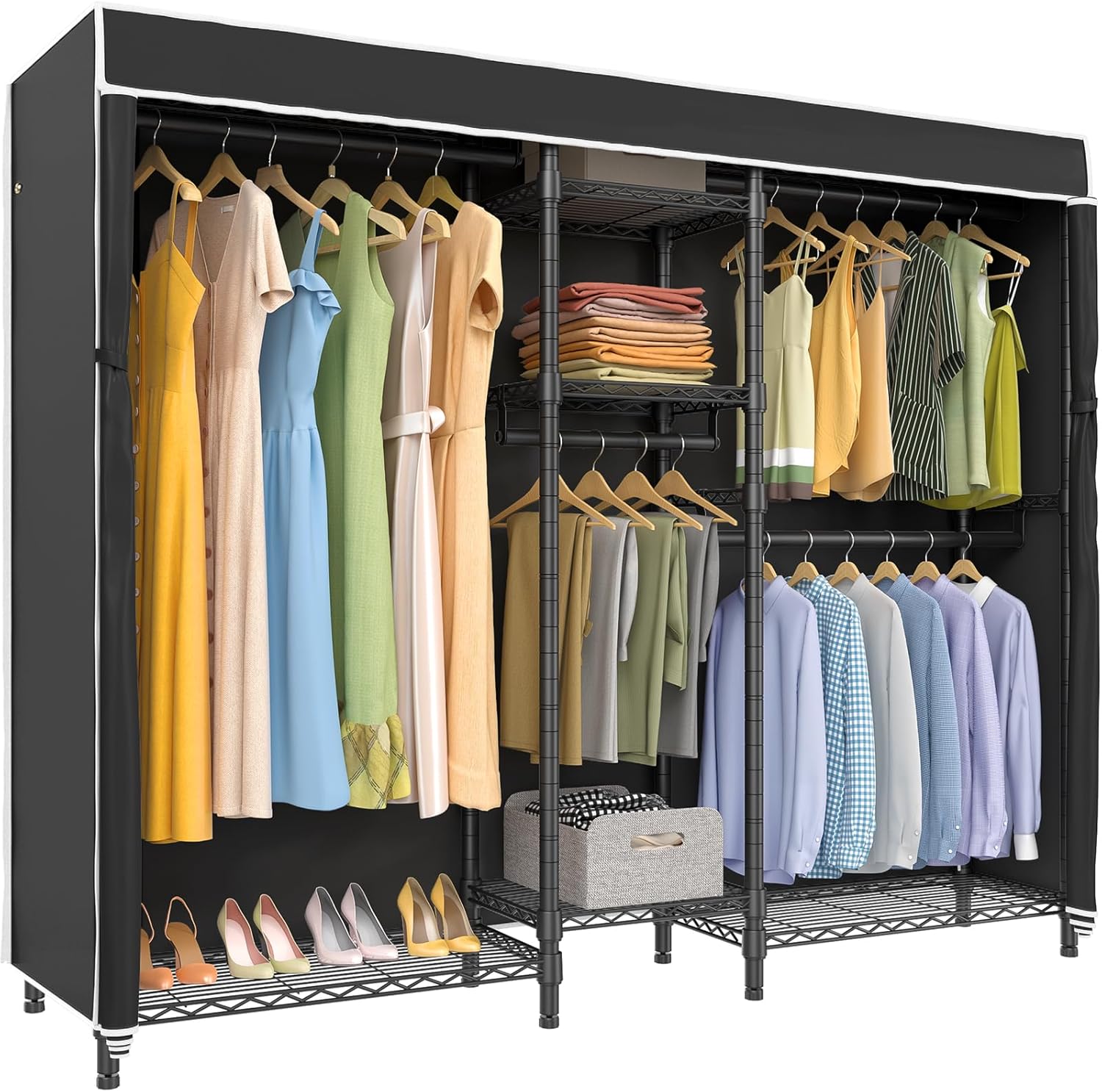 VIPEK Classic V6C Heavy Duty 5 Tiers Wire Garment Rack Large Size Wardrobe Closet Black Metal Clothing Rack with Black Oxford Fabric Cover, 75.6